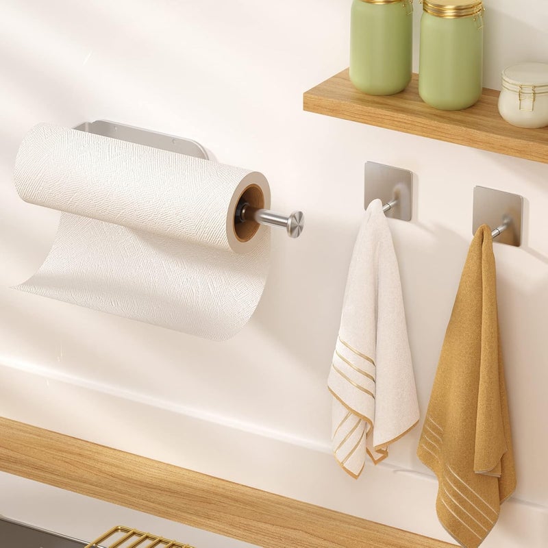 Winproper 2 Pack Paper Towel Holder Under Cabinet + 2 Towel Robe Hook, Single Hand Operable Under Cabinet Paper Towel Holder, Adhesive Wall Mount Paper Roll Holder for Bathroom Kitchen(Silver) - Image 2